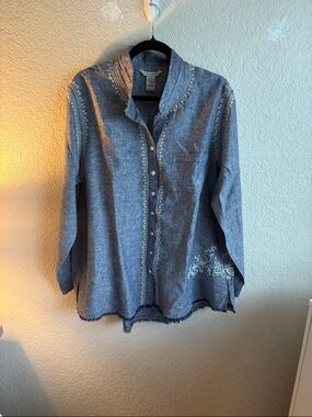 John Mark Light Blue Embroidered Linen Shirt